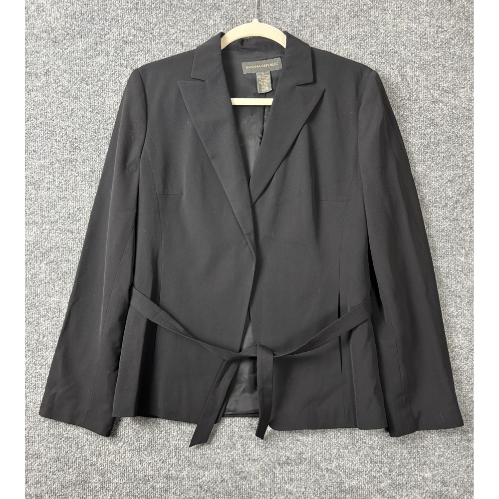 Banana Republic Blazer Jacket Women's‎ Size M Black Wool Blend Belted Preppy